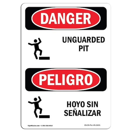 Signmission OSHA Danger, Unguarded Pit W/ Symbol Bilingual, 5in X 3.5in Decal, 3.5" W, 5" H, Bilingual Spanish OS-DS-D-35-VS-1601